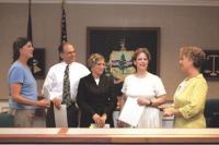 L.to R.  Probate Judge Eleanor “Missy” Smith along with attorneys  James Dumont, Stephanie Foley and Pamela Marsh prepare to receive their certificates from Presiding Superior Court Judge Helen Toor.  Other lawyers recognized but unable to attend the ceremony included Richard English, William Miller Jr., Karl Neuse, James Carroll and Sue Ritter.  Each certificate of appreciation was signed by The Honorable Paul L. Reiber Chief Justice of The Vermont Supreme Court.