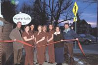 Left to Right:  Andy Mayer, Executive Director of the Addison County Chamber of Commerce, Sara Daly, Melissa Wilkins, Laurie Webb, Barbara Gibson, Ashley Kennedy, all from Waterfalls Day Spa, Darcy Tarte, Chair of the Addison County Chamber of Commerce Marketing Committee, and Ted Shambo, Membership Director of the Addison County Chamber of Commerce.