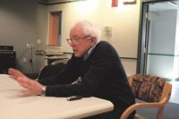 Senator Bernie Sanders anwers a reporters question in Middlebury on Tuesday, morning February 19, 2008 during a visit to Addison and Rutland Counties.