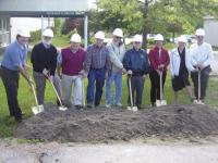 left to right:  Rick Marshall, President of FOMH (Friends of Middlebury Hockey); John Tenny, Chair, Middlebury Selectboard; Dr. Robert Lafiandra, Secretary, MSCC (Memorial Sports Center Commission); Kevin Newton, President, MSCC; Bob Collins, FOMH; Dick Bullock, Commander, American Legion; Cindy Myhre, Chair, Middlebury Amateur Hockey Association, Sarah Cowan, National Bank of Middlebury; Craig Bingham, Middlebury Selectboard. 