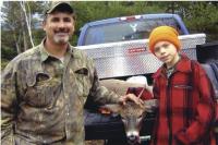 Maxx Drown-Rheaume, age 9, of Salisbury shot his first deer in Cornwall. He was the first to report to Vermont Field Sports Saturday morning. Maxx is pictured with his Dad, Ricky Rheaume. Maxx enjoys all outdoor activities and he especially enjoys hunting with his Dad.
