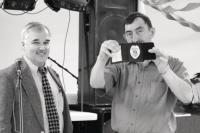 (L to R) Middlebury Police Chief Tom Hanley with Sergeant
Ed Cyr displaying his retirement badge on Friday evening
March 20th, 2009
