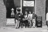 Ribbon cutting ceremony at Mendy’s Clothing, Middlebury. From L to R: Andy Mayer,
Chamber president; Mendy Mitiguy, owner; Sue Spillane, Mendy Mitiguy’s mother; April
Smith, store manager; and Ted Shambo, Chamber membership director.