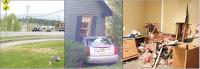 L to R: Vehicle tire prints near outdoor light and road sign looking southeast on Route 7. The vehicle involved after impacting and penetrating the Countryside office in
the northeast corner of the building. This is an interior view of Eric Denu’s office the morning after the crash. The office window now boarded up would be facing
east/northeast. No one was injured in the crash. Customer service and inventory were not affected by the accident.