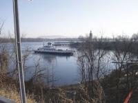 The LCTC deep water ferry makes practice runs near the Crown Point Monument on Thursday November19th 2009.  Ferry service is expected soon  a short distance south of the closed bridge.