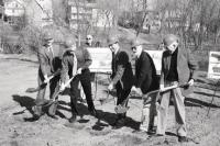 L to R: F. Robert Huth Executive VicePresident and Treasurer of Middlebury College, Dean George Middlebury Selectman, Ronald Liebowitz Midddlebury College President, John Tinney Middlebury Selectman and Board President and Victor Nuovo Middlebury Selectman use ceremonial shovels to begin bridge work on the Cross Street Bridge.
