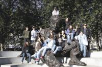 Taking a break, the students hang out with Albert Einstein.