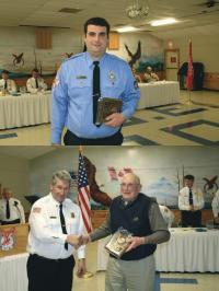 Top: Middlebury firefighter Ryan Emilo is Emergency Technician of the Year for 2009, Bottom: Senior Firefighter of the Year for 2009 George Smith of Bristol accepts his award from Chief Bernie Dubois of Bridport.