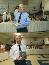 Top: Larry Volkert of Middlebury is awarded a Life Member of ACFA for his 25 years of loyal service. Bottom: Chad Perlee displays the ACFA Fred Jackman Firefighter of the Year Award for 2009.