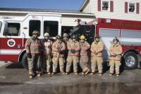 Pictured above LtoR in front of their and Fireman Dace Foley new truck are: Fireman Bruce Rowe, Pittsford Fire Chief Tom Hooker, Fireman Rich Bowman, Pittsford Asst. Fire Chief Butch Shaw, Fireman Shawn Hendee, Fireman Tom Shannon, Fireman Mike Markowski.  Other members of the department will also receive training on the new unit which has been under construction in Nequehoning P.A. for the past year.  John W. Cameron Jr. of KME the company that builds and distributes the fire apparatus was on hand to help firefighters put the new vehicle through its paces.