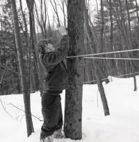 Trevor gets ready to put on the equipment that will allow the syrup to flow and the seasons of Vermont to once again herald a change.