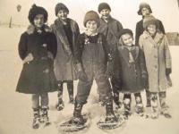 Standing in the front of the Porterboro School in Ferrisburgh, the students including Isabel pause for a moment in their day at the one room school in 1928. Shown from left to right are : Lilian (Husk) Birkett, Evelyn ( Husk) Cushman, Clement Sears, Chester Bradford, Frances ( Husk) O’Connor, Florence( Husk ) Hawkins, and Isabel ( Husk) Munnett. Pleased as punch with her penmanship later on in life, her teacher Miss Julia Thorpe encouraged her to practice and Isabel had to take penmanship in college in order to get her teaching degree.