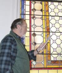 Vergennes Congregational Church member and historian Michael O'Daniel showed the students the windows of the church and focused on the re leading, up keep and structures of how stained glass goes together.