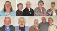 Top Row: Irene Brinkman, 2,000 Hours; 1,000 hours: Ramona Atherton, Fran Nelson, Marilyn Bliss, Jeanette Cyr. Bottom Row: John Rizner, 2,500 Hours; Rie Richard, 1,500 Hours; 500 hours: Fran Elmore, Bob Bingham, Eleanor Coeby.