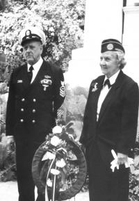 WWII veterans Bill Larrabee and May Fay stand as the wreath commemorating those who have served in presented as a part of  the Memorial Day festivities in Vergennes.