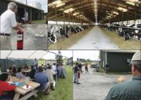 Top LtoR: Scott Gaines of Gaines Insurance takes aim with an extinguisher. Cows graze in barn at Blue Spruce Farm. Bottom LtoR: Safety seminars underway as Kevin Bourdon directs a fire drill Fire Safety Day last Wednesday. The Audet family at Blue Spruce Dairy Farm, Co-op Insurance Companies & UVM Extension Service presented a series of seminars on farm safety.