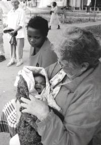 On her mission trip to Mozambique, Lois worked with young mothers and their children. All the labor was done by hand and even the bricks were made by hand.