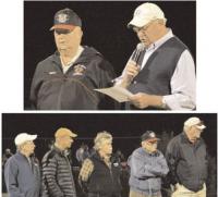 Members of the 1964 Tiger Varsity Football Team including: Former Coach Chuck Martin, Hall of Fame member and Addison County Sheriff Don Keeler, Butch Shaw, Jim Rouse, and Neil Mackey also a member of the Hall of Fame, were recognized before a big crowd  on Friday night September 25, 2015. Wayne Smith a friend of MUHS Athletics and the father of Head Coach Dennis Smith was recognized as the newest member of the MUHS Sports Hall of Fame. Skip Brush introduced Smith. 