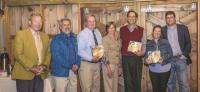 L to R: Tim Hollander, past president; Eric Denu, Rotary District Governor-Elect, Geoff Conrad, president, all with Rotary Club of Middlebury; Sue Hoxie, president, Addison County Chamber, Paul Ralston, Vermont Coffee Company; Megan Brady and Holmes Jacobs, both with Two Brothers Tavern.