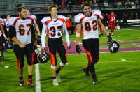 #67 Tri-Captain Jaro Perera #37 Jackson Donahue and #82 Skyeler DevlinWalk off the field in Rutland after Donahue’s extra point kick propelled Middlebury to a 28-27 OT Win.